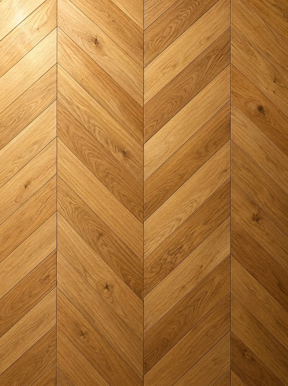 Chevron-Parkett aus warmer Eiche, schräg geschnittene Stäbe bilden V-Formen