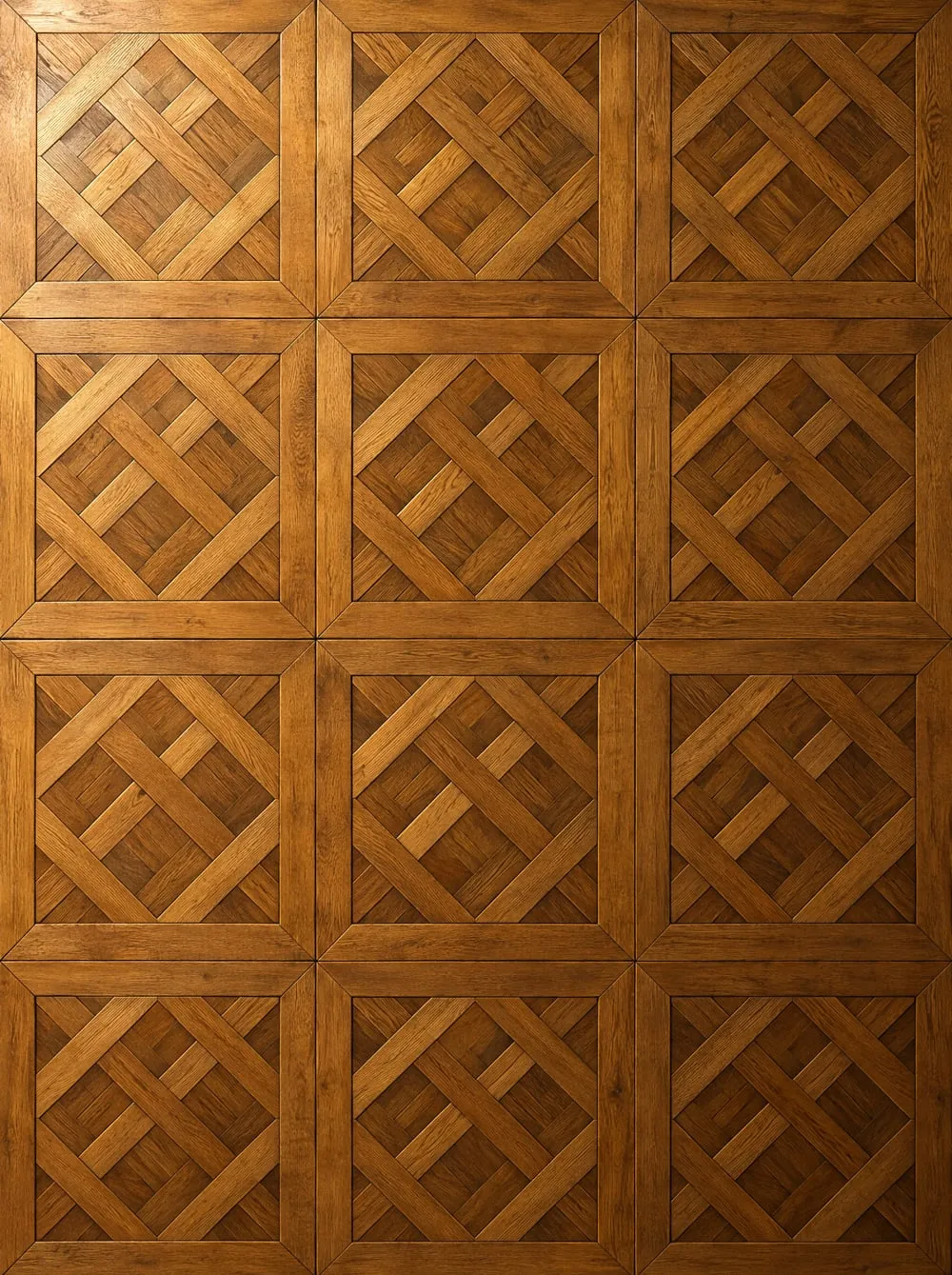 Tafelparkett im Versailles-Muster, quadratische Tafeln mit diagonal verflochtenen Stäben